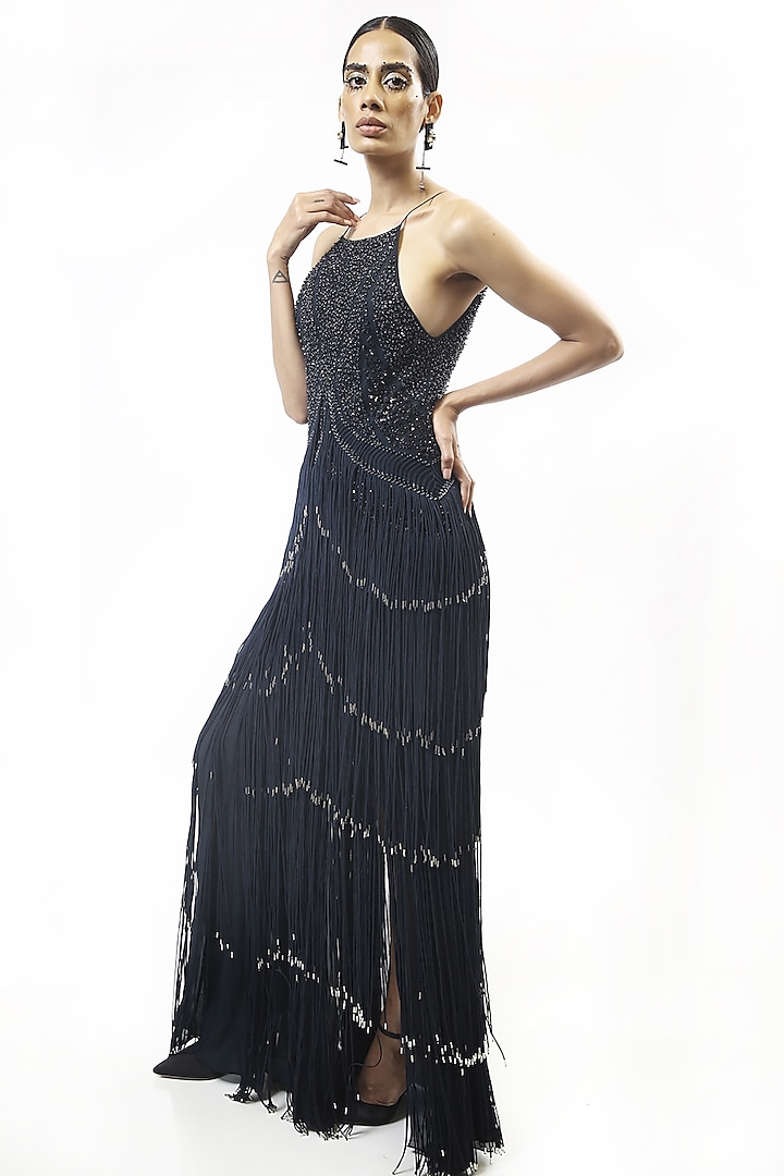 Sapphire Blue Sequins Embellished Gown by Rohit Gandhi & Rahul Khanna