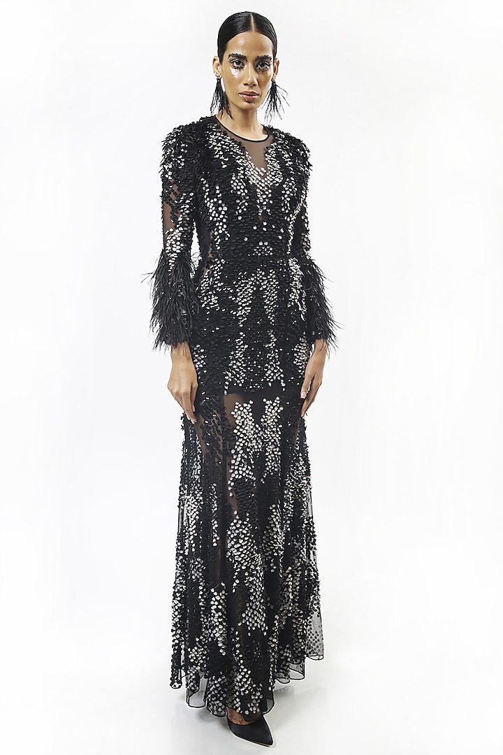 Black Embellished Gown With Feathers by Rohit Gandhi & Rahul Khanna