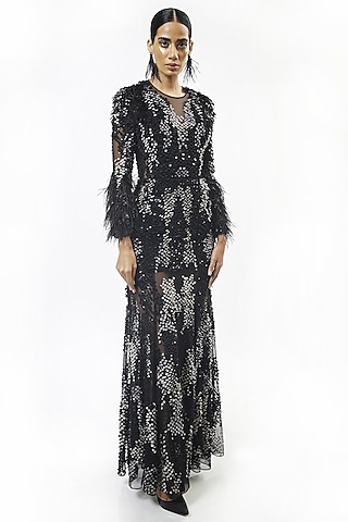 Black Embellished Gown With Feathers by Rohit Gandhi & Rahul Khanna