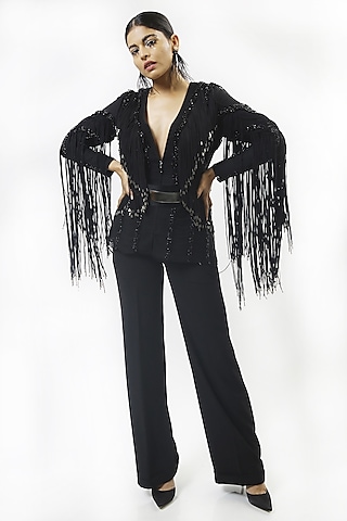 Black Jacket With Fringe by Rohit Gandhi & Rahul Khanna