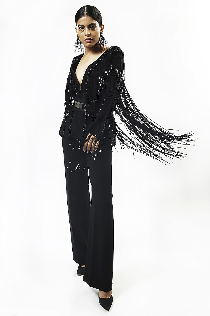 Black Jacket With Fringe by Rohit Gandhi & Rahul Khanna at Pernia's Pop Up Shop