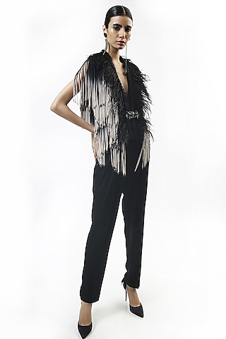 Black Mesh Tasseled Jacket With Feathers by Rohit Gandhi & Rahul Khanna