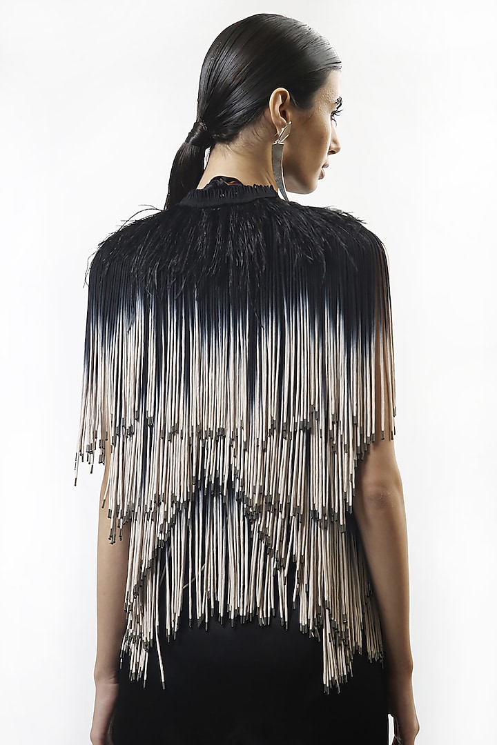 Black Mesh Tasseled Jacket With Feathers by Rohit Gandhi & Rahul Khanna at Pernia's Pop Up Shop