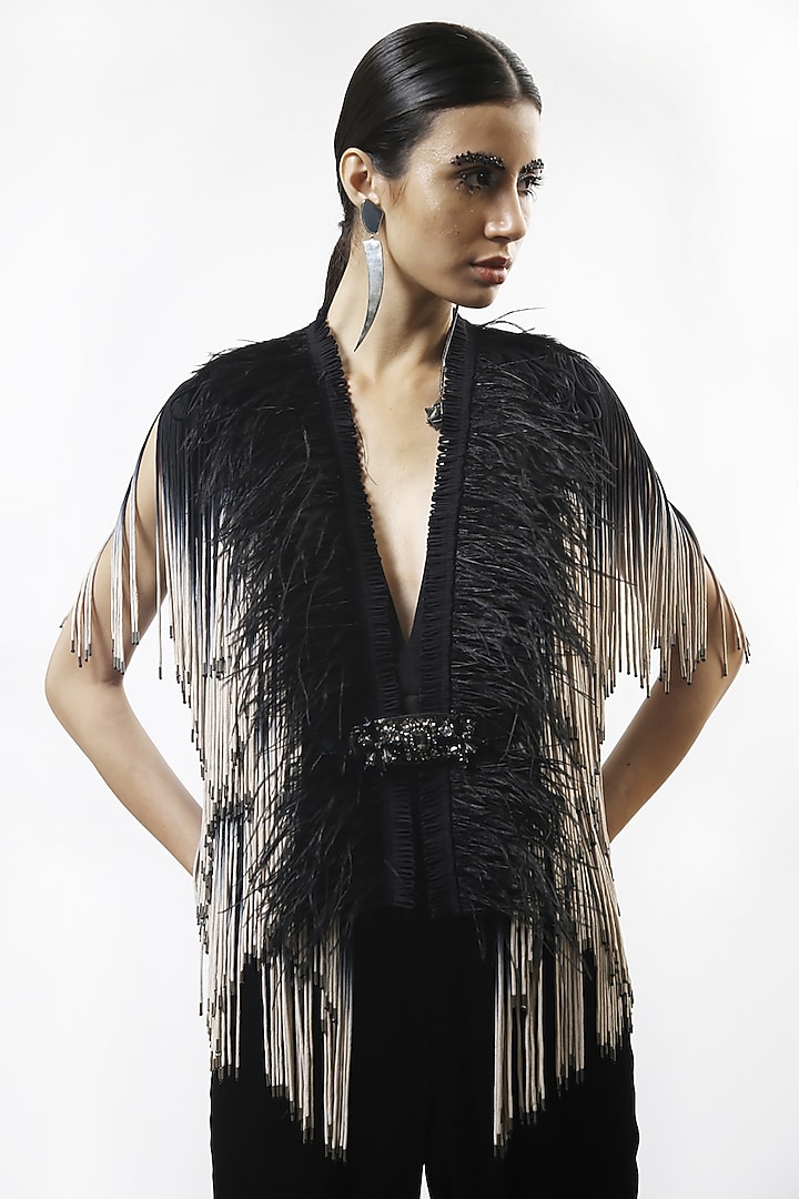 Black Mesh Tasseled Jacket With Feathers by Rohit Gandhi & Rahul Khanna at Pernia's Pop Up Shop