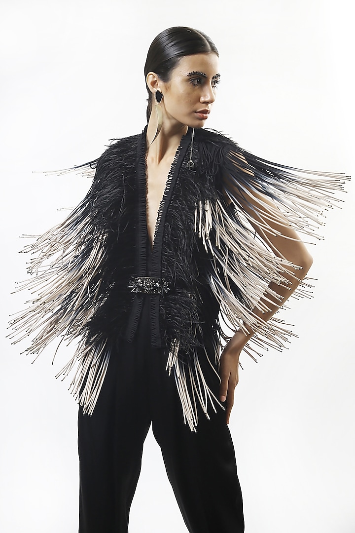 Black Mesh Tasseled Jacket With Feathers by Rohit Gandhi & Rahul Khanna at Pernia's Pop Up Shop