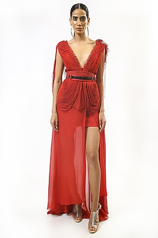 Claret Red Embroidered & Draped Jacket by Rohit Gandhi & Rahul Khanna