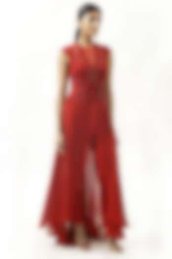 Claret Red Embroidered Jumpsuit by Rohit Gandhi & Rahul Khanna
