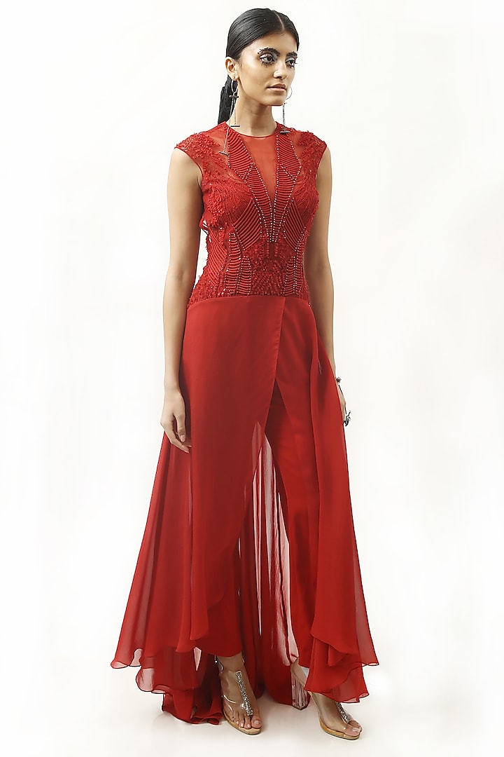 Claret Red Embroidered Jumpsuit by Rohit Gandhi & Rahul Khanna