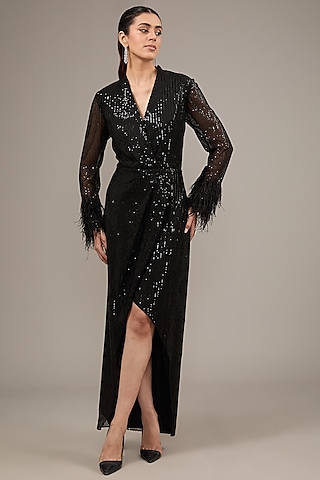 Black Sheeted Fabric Asymmetric Dress by Rohit Gandhi & Rahul Khanna