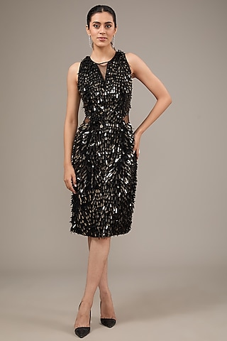 black sequin dress india INK BLACK SEQUIN GEOMETRIC PATTERNED JACKET SET PAIRED WITH A LONG FLOOR LENGTH SOLID COLOURED TIERED GOWN