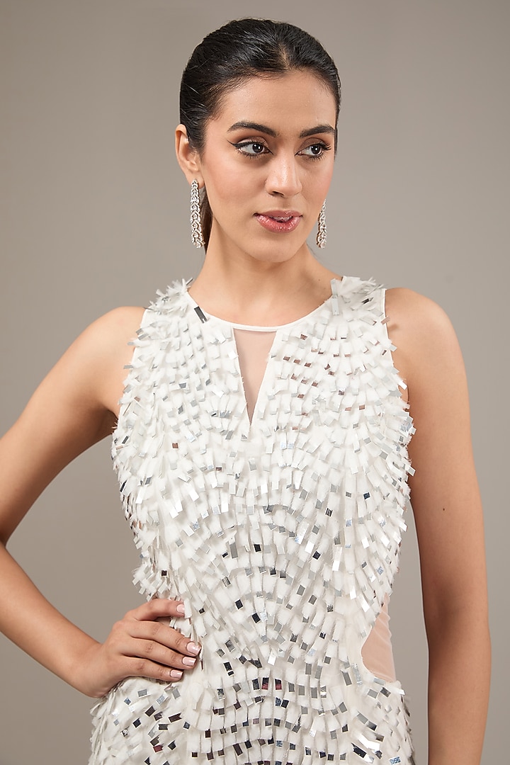 White Tulle & Crepe Metallic Sequins Party Wear Dress by Rohit Gandhi & Rahul Khanna at Pernia's Pop Up Shop