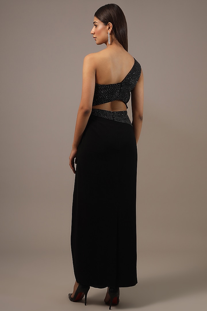 Black Moss Crepe Embroidered One Shoulder Party Wear Dress by Rohit Gandhi & Rahul Khanna at Pernia's Pop Up Shop