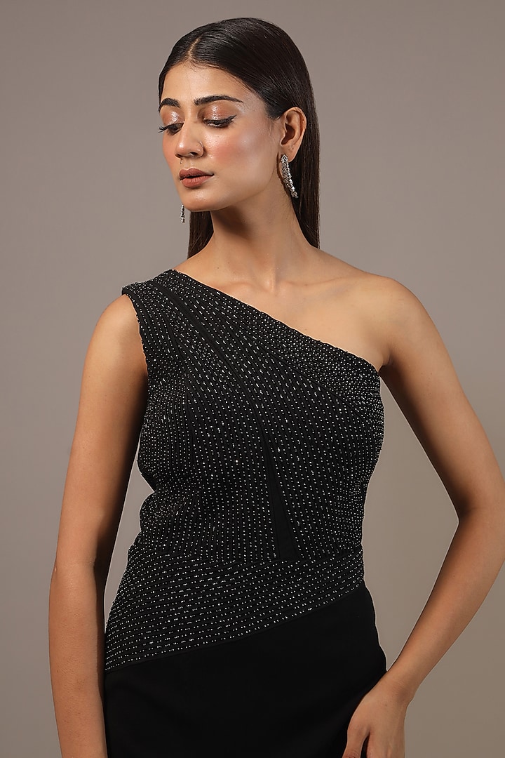 Black Moss Crepe Embroidered One Shoulder Party Wear Dress by Rohit Gandhi & Rahul Khanna at Pernia's Pop Up Shop