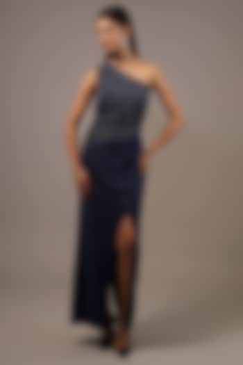 Navy Blue Moss Crepe Embroidered One Shoulder Dress by Rohit Gandhi & Rahul Khanna