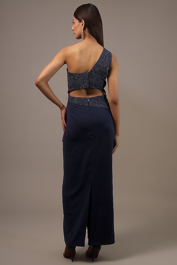 Navy Blue Moss Crepe Embroidered One Shoulder Party Wear Dress by Rohit Gandhi & Rahul Khanna at Pernia's Pop Up Shop