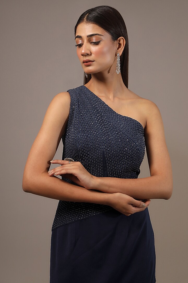 Navy Blue Moss Crepe Embroidered One Shoulder Party Wear Dress by Rohit Gandhi & Rahul Khanna at Pernia's Pop Up Shop