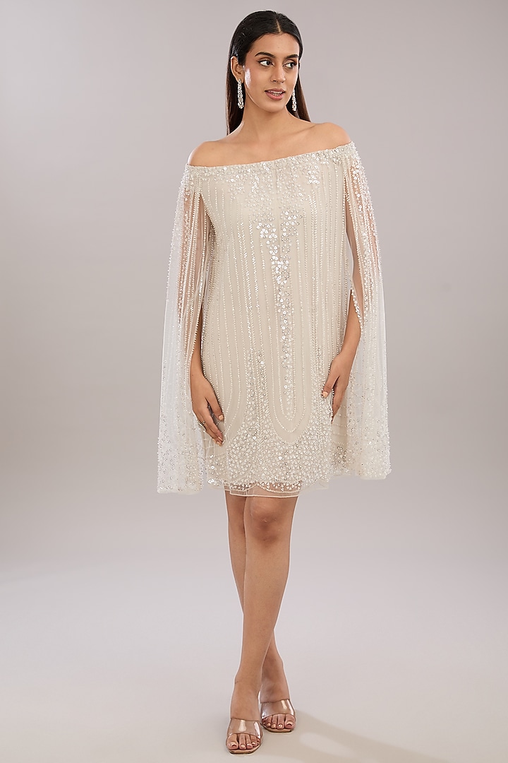 Ivory Tulle Bead Embroidered Off-Shoulder Dress by Rohit Gandhi & Rahul Khanna