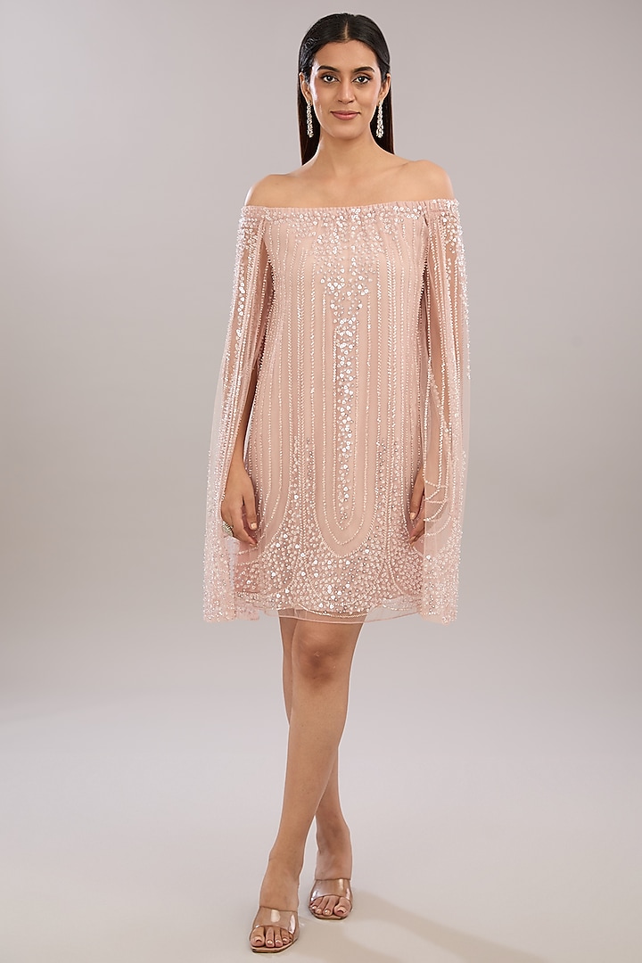 Light Pink Tulle Bead Embroidered Off-Shoulder Dress by Rohit Gandhi & Rahul Khanna at Pernia's Pop Up Shop