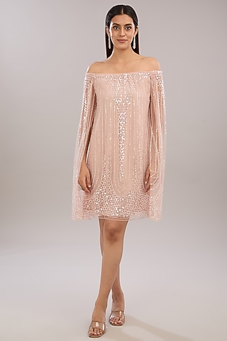 Light Pink Tulle Bead Embroidered Off-Shoulder Dress by Rohit Gandhi & Rahul Khanna