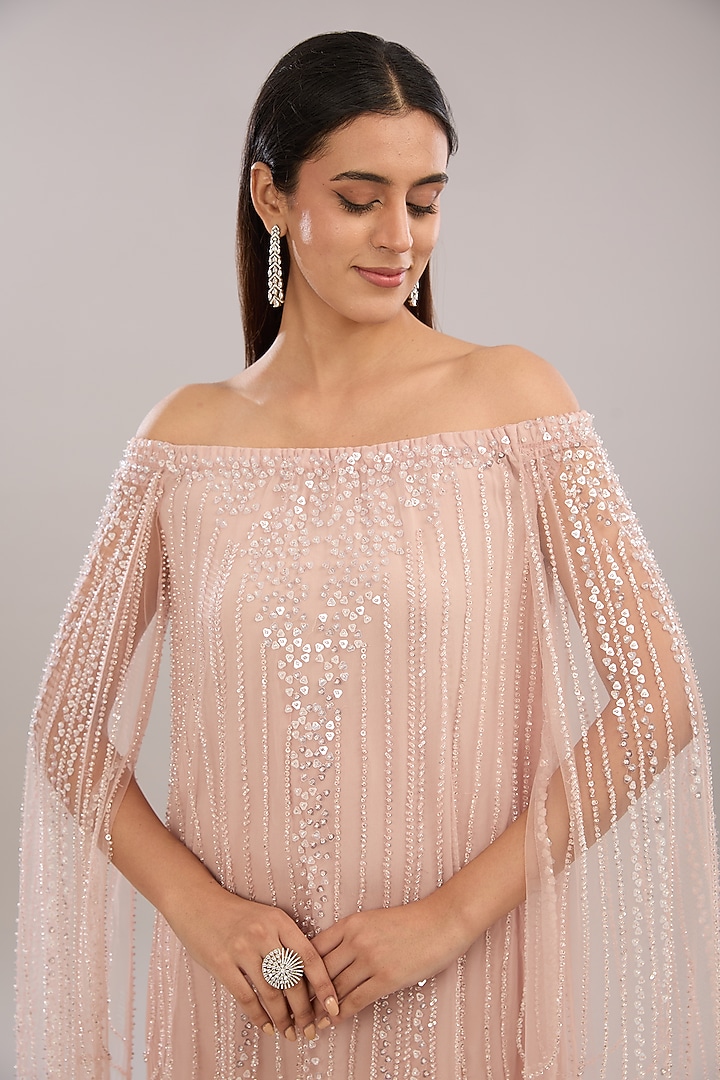 Light Pink Tulle Bead Embroidered Off-Shoulder Party Wear Dress by Rohit Gandhi & Rahul Khanna at Pernia's Pop Up Shop