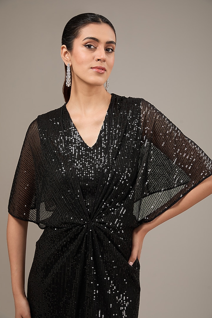 Black Sheeted Fabric Draped Cocktail Dress by Rohit Gandhi & Rahul Khanna at Pernia's Pop Up Shop