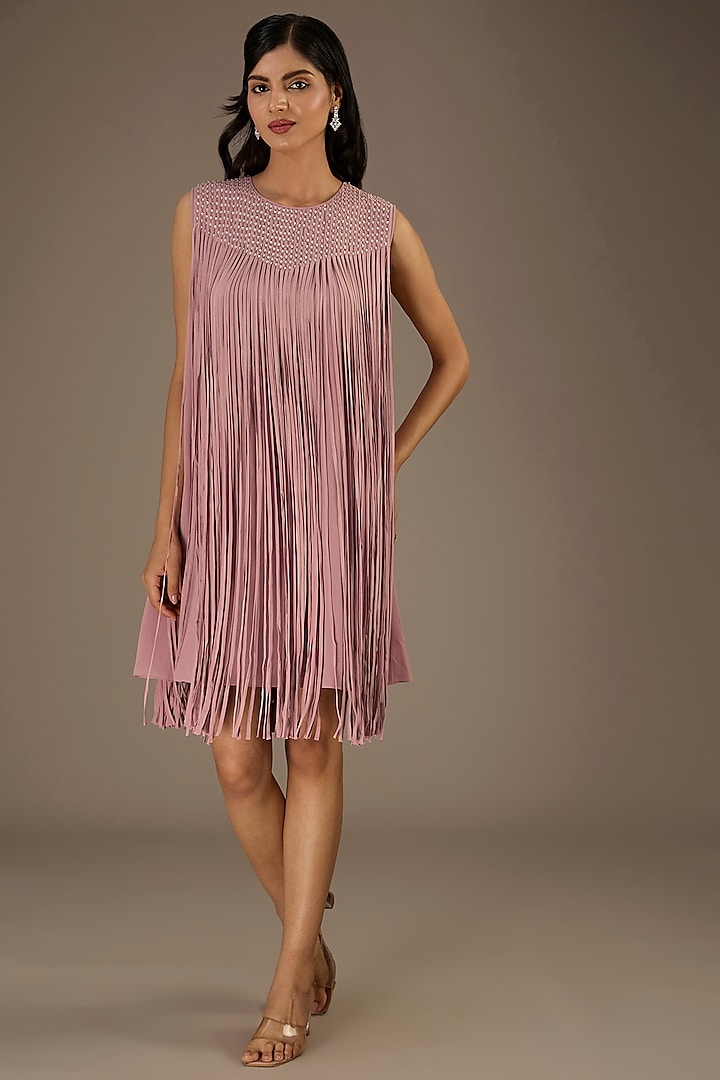 Light Pink Viscose Beads Embellished Fringed Mini Dress by Rohit Gandhi & Rahul Khanna at Pernia's Pop Up Shop