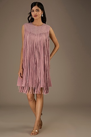 Light Pink Viscose Beads Embellished Fringed Mini Dress by Rohit Gandhi & Rahul Khanna