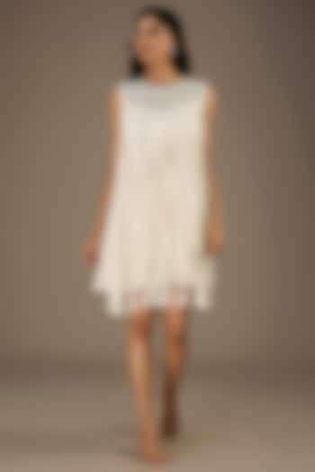 White Viscose Beads Embellished Fringed Mini Dress by Rohit Gandhi & Rahul Khanna at Pernia's Pop Up Shop