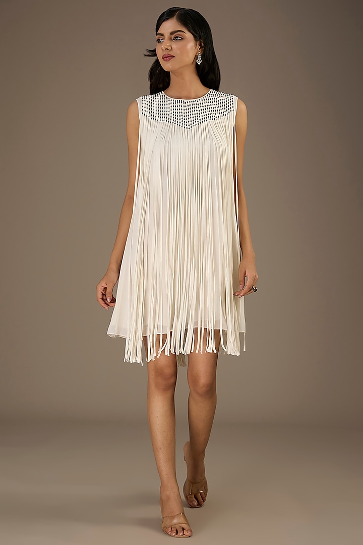 White Viscose Beads Embellished Fringed Mini Dress by Rohit Gandhi & Rahul Khanna at Pernia's Pop Up Shop