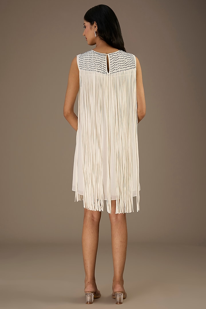 White Viscose Beads Embellished Fringed Mini Cocktail Dress by Rohit Gandhi & Rahul Khanna at Pernia's Pop Up Shop