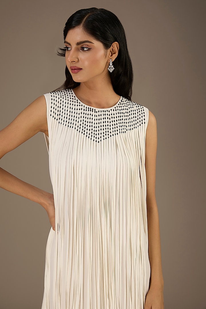 White Viscose Beads Embellished Fringed Mini Cocktail Dress by Rohit Gandhi & Rahul Khanna at Pernia's Pop Up Shop
