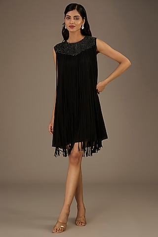 Black Viscose Beads Embellished Fringed Mini Dress by Rohit Gandhi & Rahul Khanna
