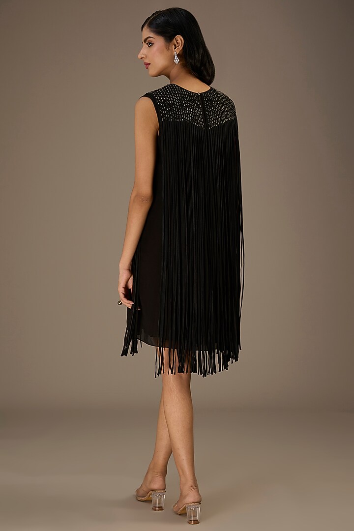 Black Viscose Beads Embellished Fringed Mini Cocktail Dress by Rohit Gandhi & Rahul Khanna at Pernia's Pop Up Shop