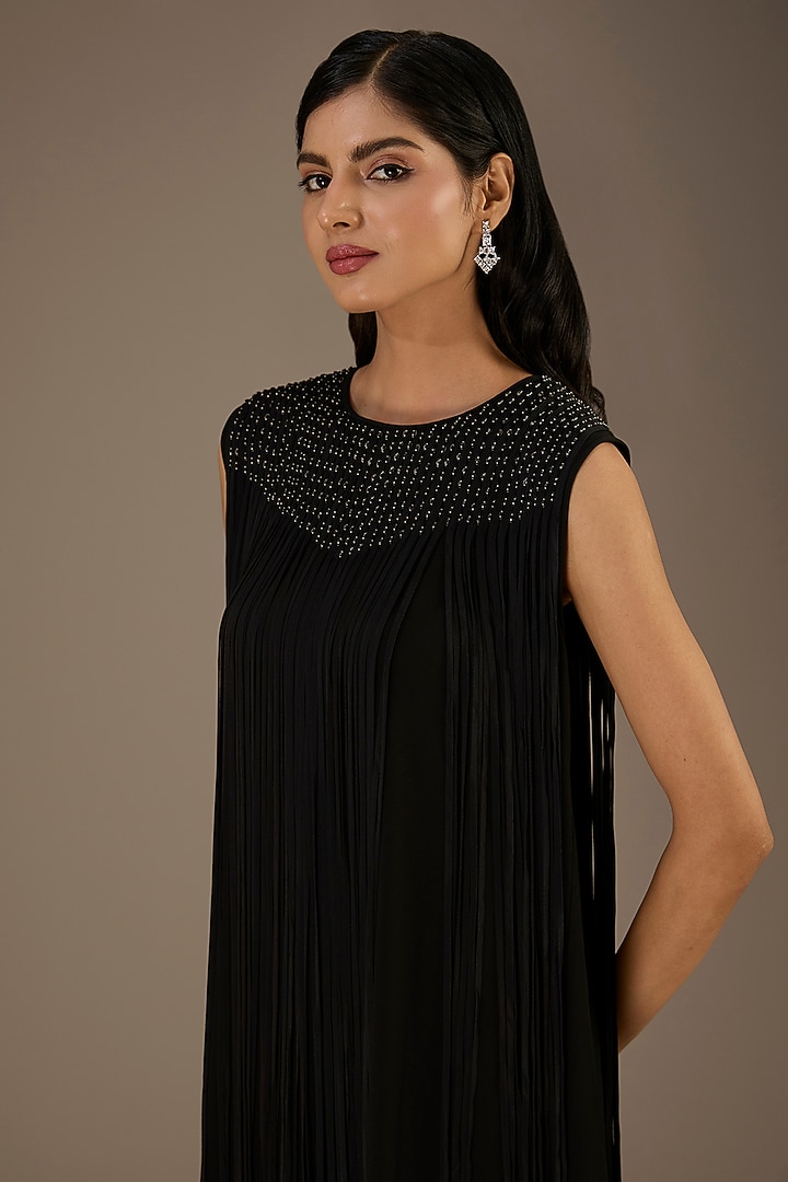 Black Viscose Beads Embellished Fringed Mini Cocktail Dress by Rohit Gandhi & Rahul Khanna at Pernia's Pop Up Shop