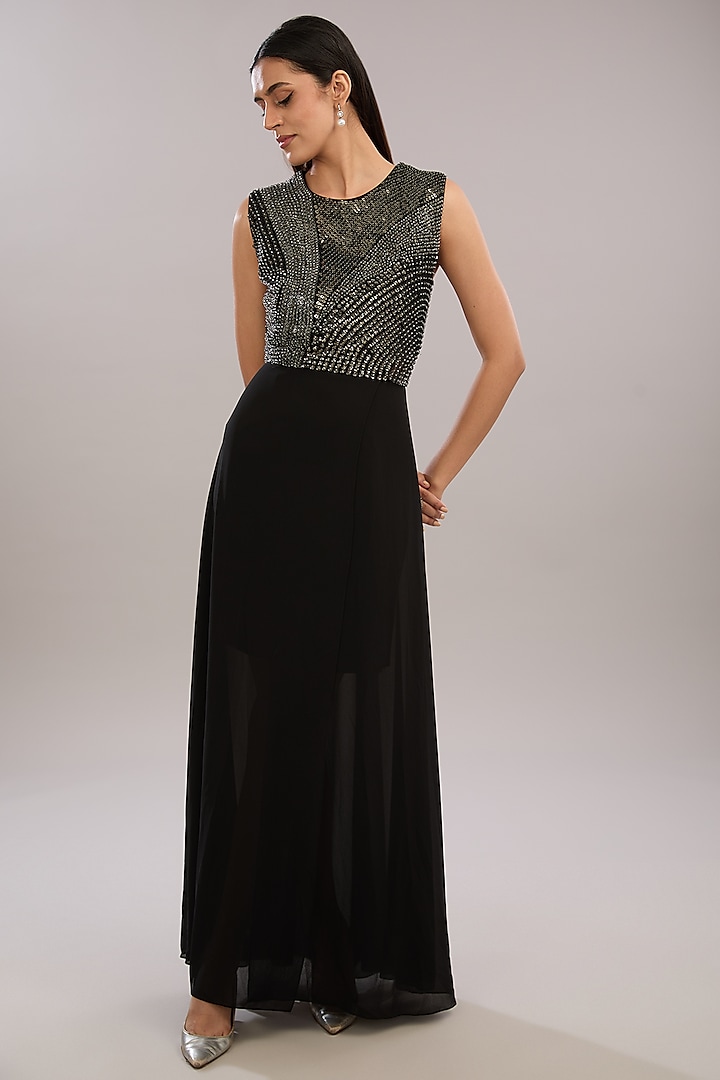 Black Silk Embroidered Layered Dress by Rohit Gandhi & Rahul Khanna