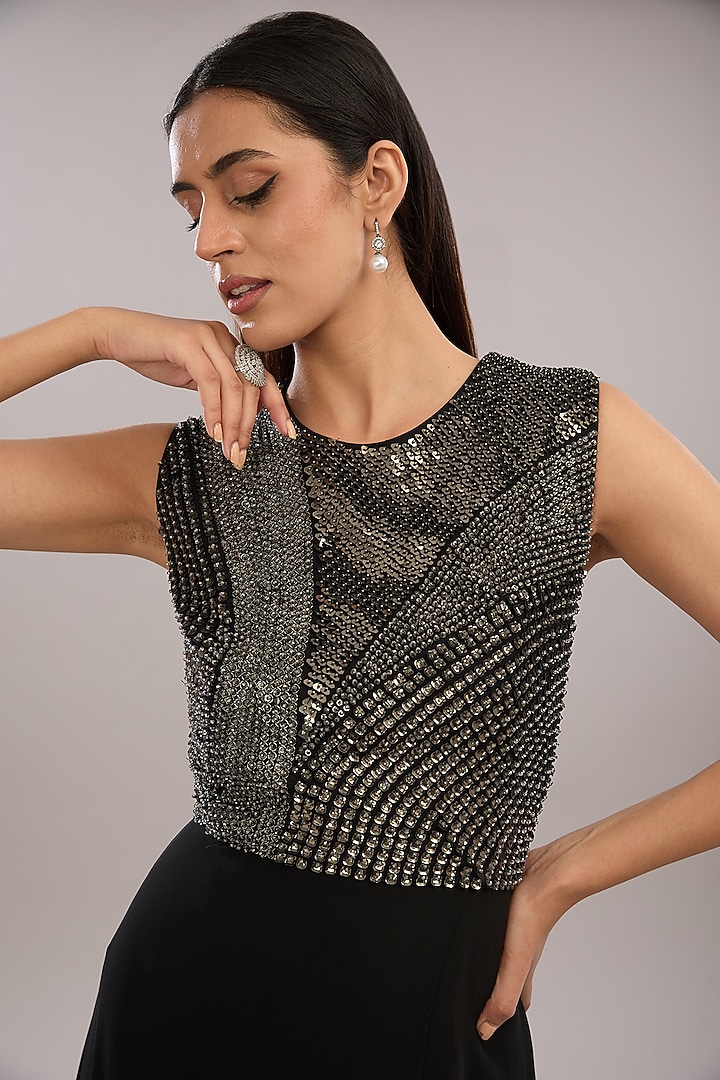 Black Silk Embroidered Layered Cocktail Dress by Rohit Gandhi & Rahul Khanna at Pernia's Pop Up Shop
