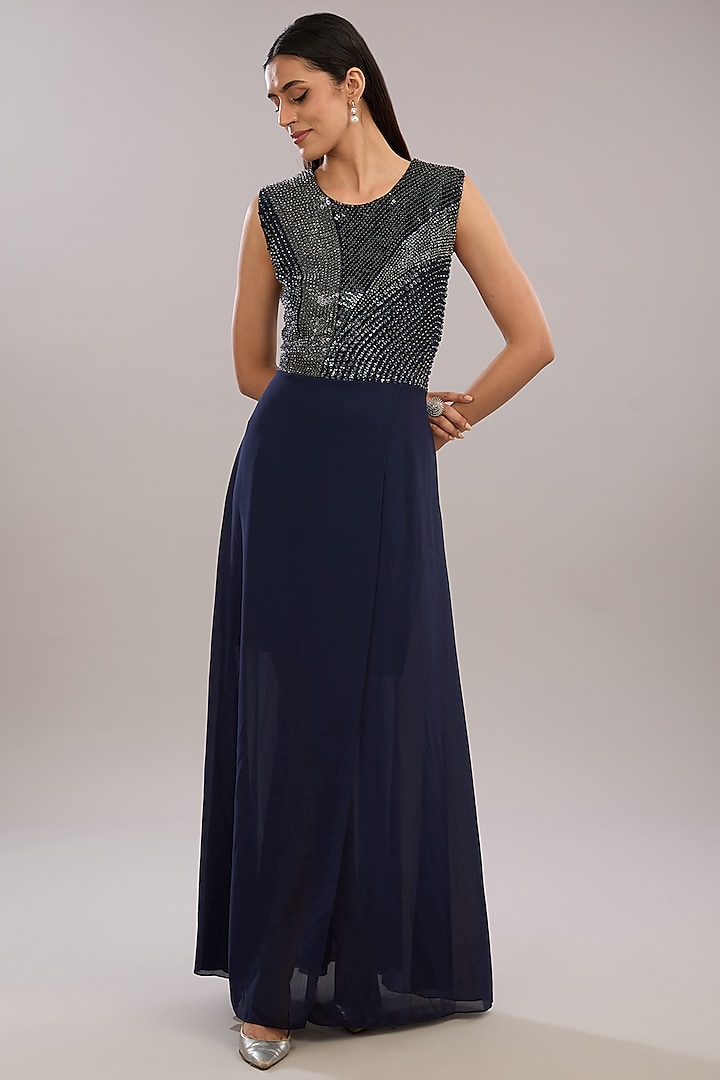 Navy Silk Embroidered Layered Dress by Rohit Gandhi & Rahul Khanna at Pernia's Pop Up Shop