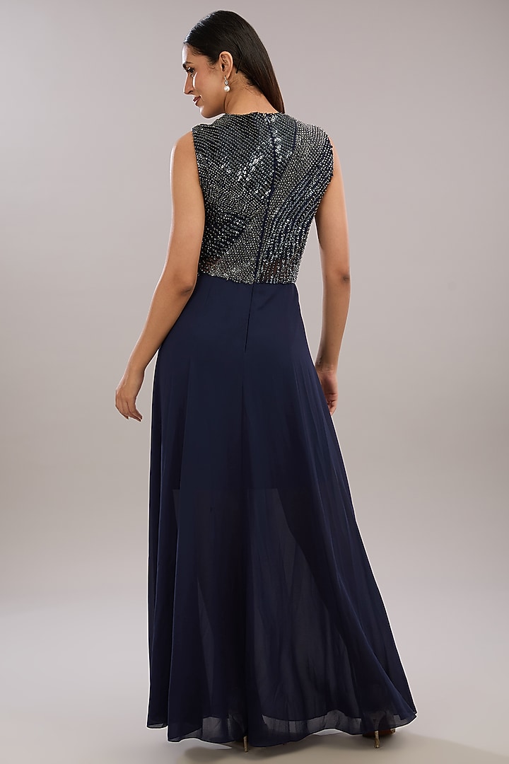 Navy Silk Embroidered Layered Cocktail Dress by Rohit Gandhi & Rahul Khanna at Pernia's Pop Up Shop