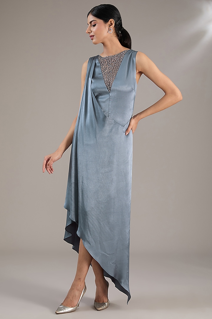 Dark Sky Blue Poly Satin Embellished Draped Dress by Rohit Gandhi & Rahul Khanna