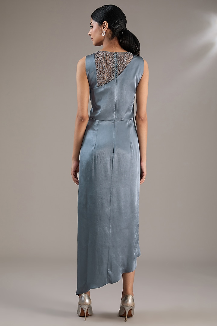 Dark Sky Blue Poly Satin Embellished Draped Cocktail Dress by Rohit Gandhi & Rahul Khanna at Pernia's Pop Up Shop
