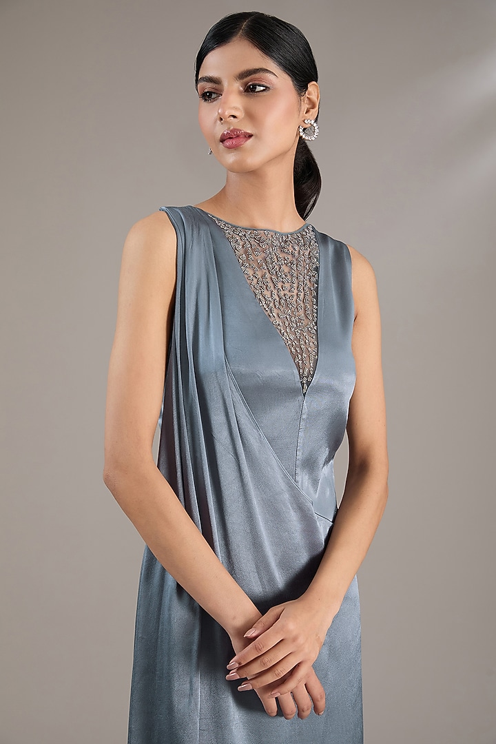 Dark Sky Blue Poly Satin Embellished Draped Cocktail Dress by Rohit Gandhi & Rahul Khanna at Pernia's Pop Up Shop