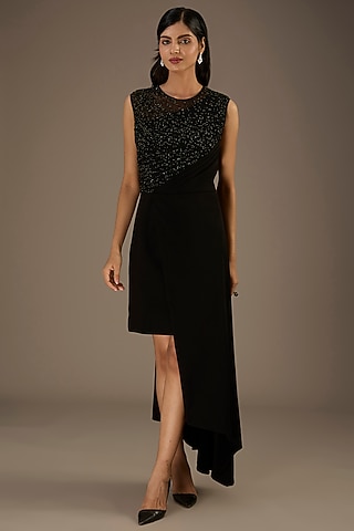 Black Tulle Beads Embellished Asymmetric Wrap Dress by Rohit Gandhi & Rahul Khanna