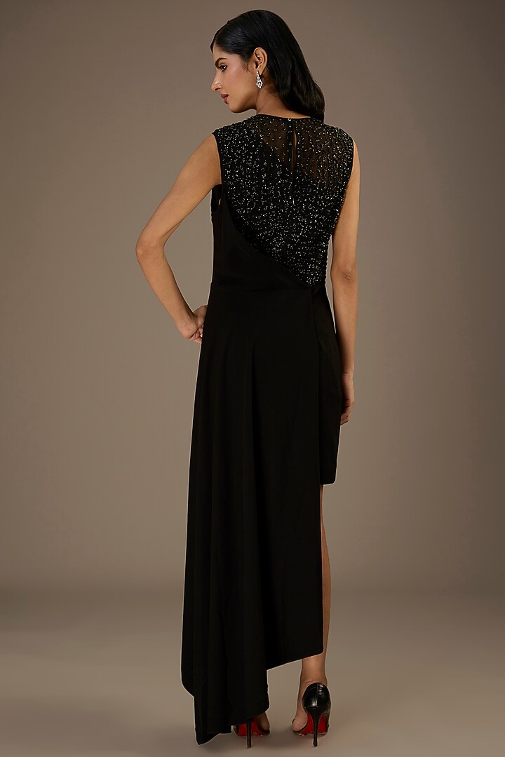 Black Tulle Beads Embellished Asymmetric Wrap Cocktail Dress by Rohit Gandhi & Rahul Khanna at Pernia's Pop Up Shop