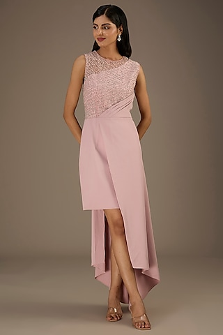 Light Pink Tulle Beads Embellished Asymmetric Wrap Dress by Rohit Gandhi & Rahul Khanna