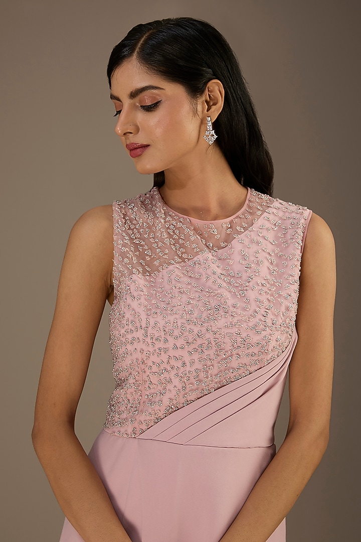 Light Pink Tulle Beads Embellished Asymmetric Wrap Cocktail Dress by Rohit Gandhi & Rahul Khanna at Pernia's Pop Up Shop