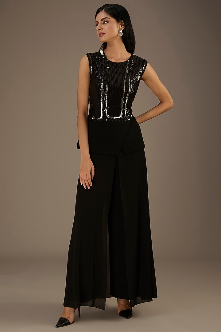 Black Crepe Metallic Pipe Embroidered Peplum Dress by Rohit Gandhi & Rahul Khanna at Pernia's Pop Up Shop