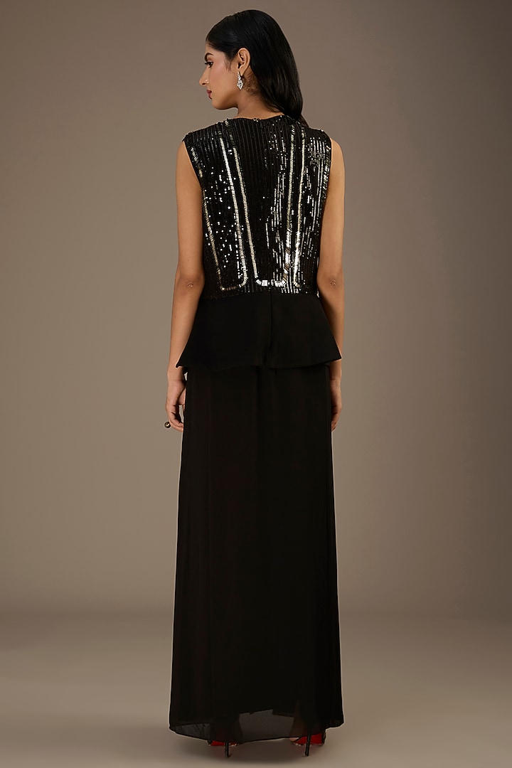 Black Crepe Metallic Pipe Embroidered Peplum Cocktail Dress by Rohit Gandhi & Rahul Khanna at Pernia's Pop Up Shop