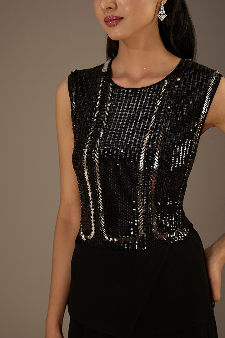 Black Crepe Metallic Pipe Embroidered Peplum Cocktail Dress by Rohit Gandhi & Rahul Khanna at Pernia's Pop Up Shop