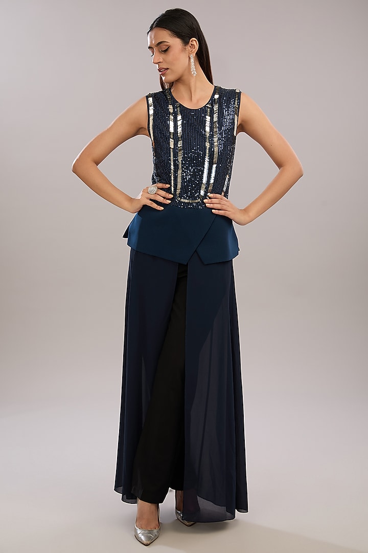 Navy Crepe Metallic Embroidered Maxi Dress by Rohit Gandhi & Rahul Khanna at Pernia's Pop Up Shop