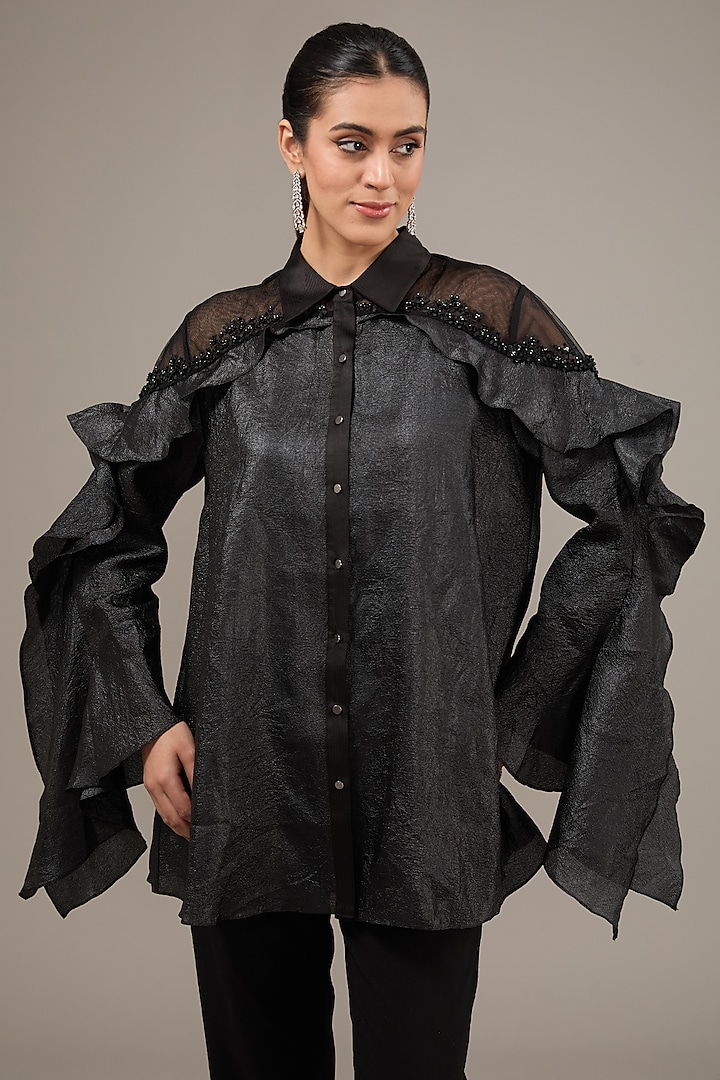 Black Organza Embellished Handcrafted Top by Rohit Gandhi & Rahul Khanna